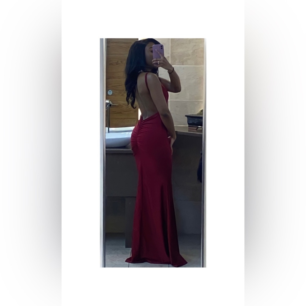 Red backless evening gown